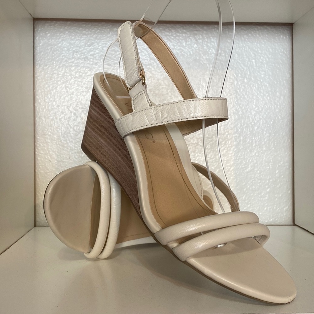 Vionic Cream Leather Slingback Wedge Sandals with Wood-Effect Heel